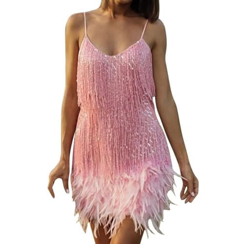 pink mini dress with feathers 