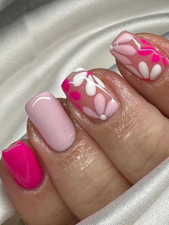hot pink nails: floral accent  