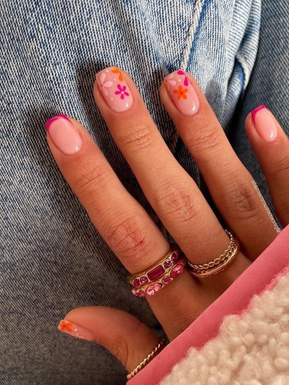 hot pink nails: French tips with florals