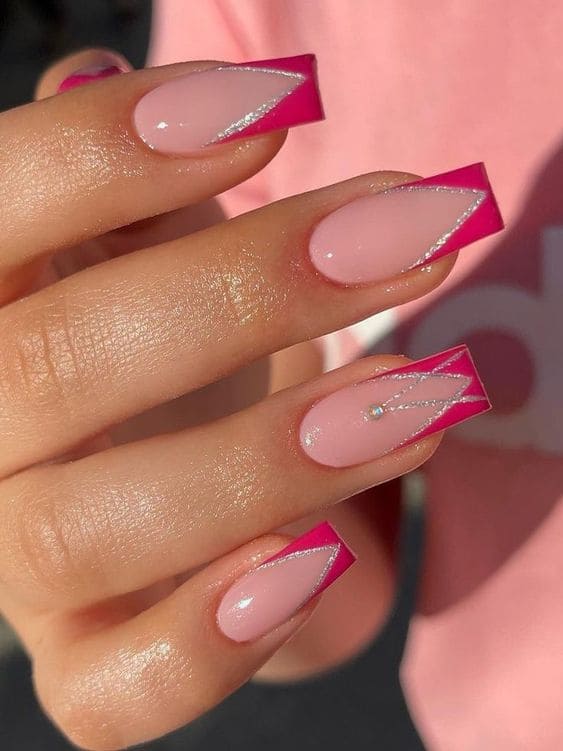 hot pink nails: chevron tips