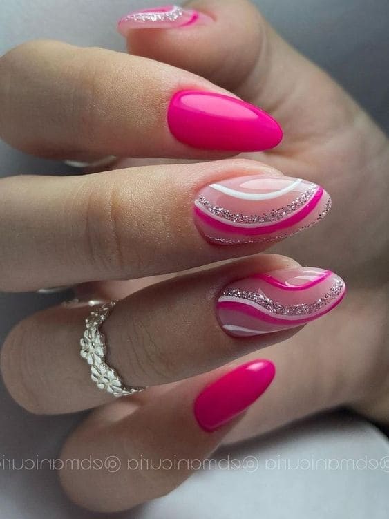 hot pink nails: glittery swirls 