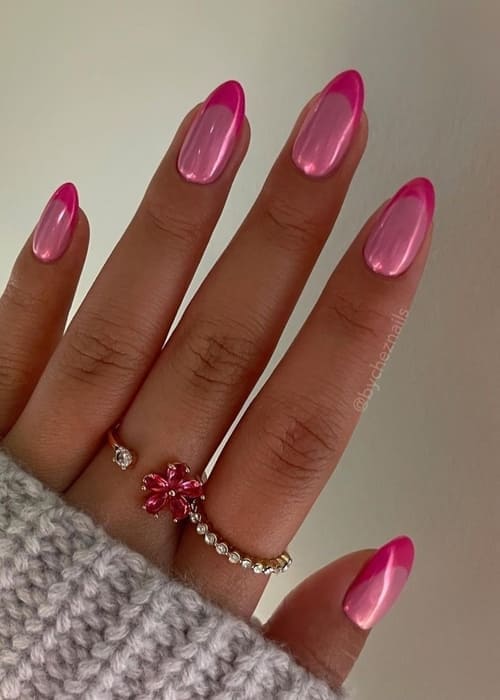 hot pink nails: barbie chrome French tips
