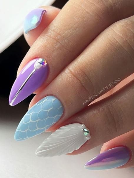 mermaid nail design: purple and light blue
