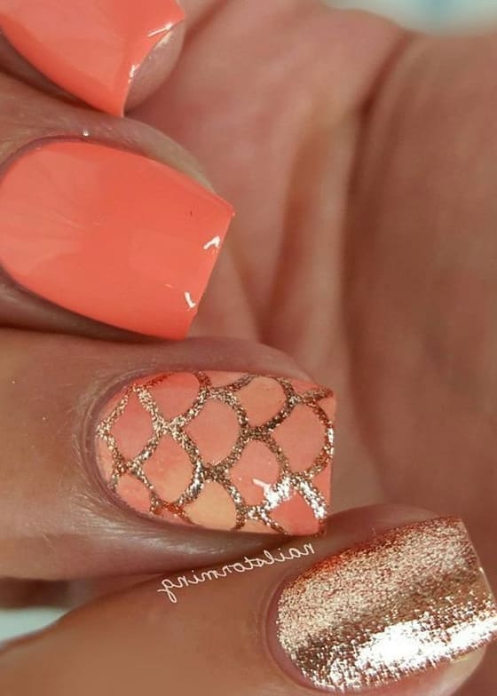 mermaid nail design: peach and gold