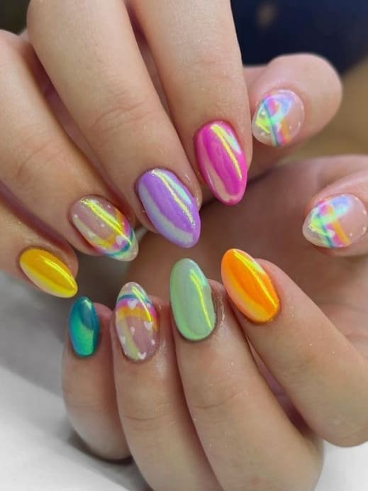 mermaid nail design: colorful chrome