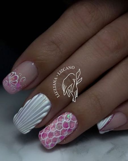mermaid nail design: pink and white 