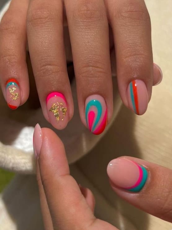 neon nail design: hot pink and turquoise abstract 