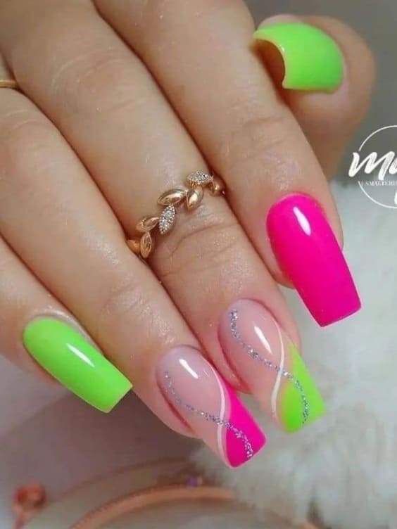 neon nail design: hot pink and green 