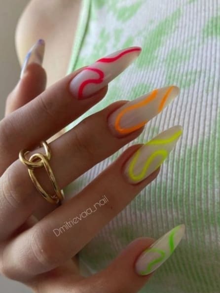 neon nail design: colorful swirls 
