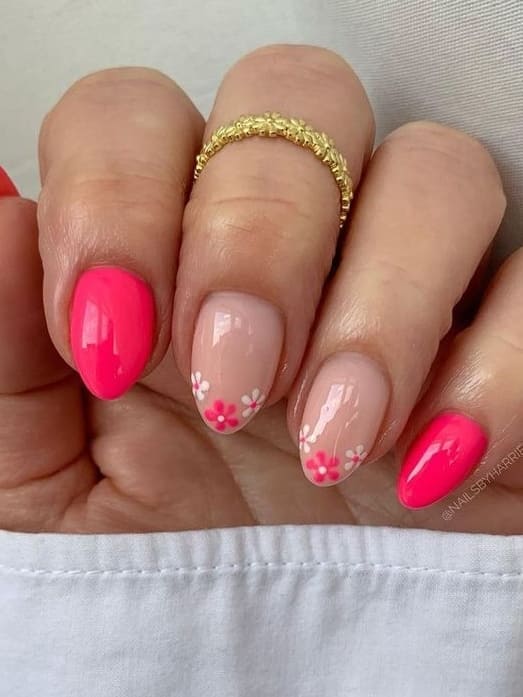 neon nail design: hot pink with flowers 