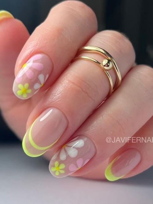 neon nail design: yellow double French tips with flowers 