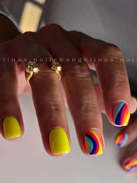 neon nail design: rainbow pattern