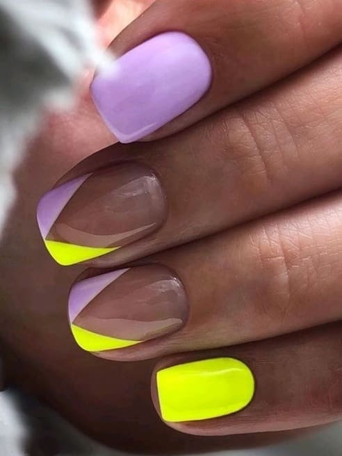 neon nail design: lavender and yellow