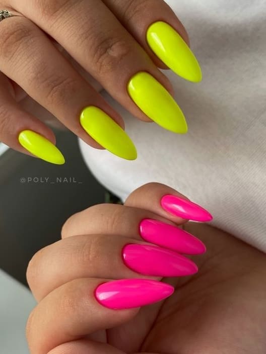 neon nail design: yellow and hot pink