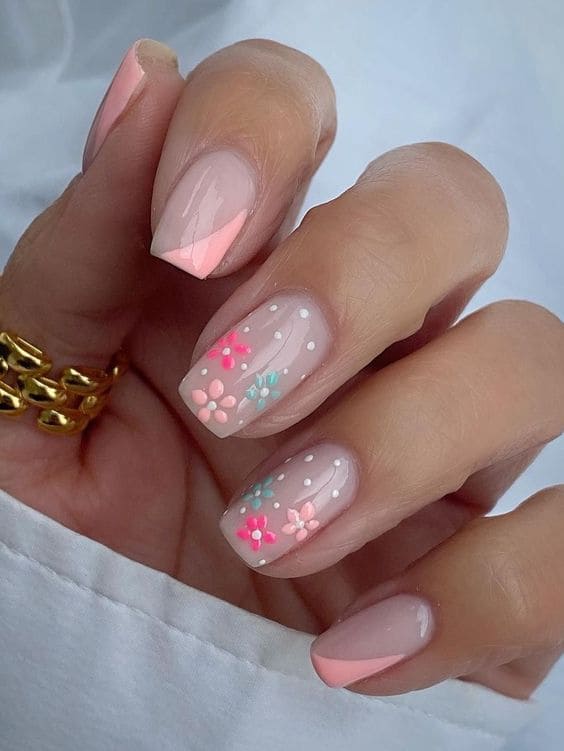 peach nail design: colorful florals