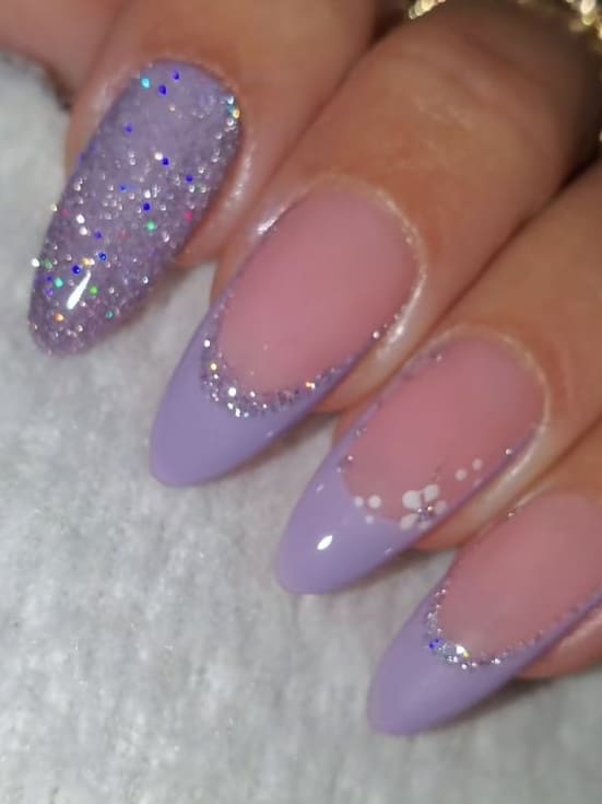 prom nails: lavender French tips with glitter 