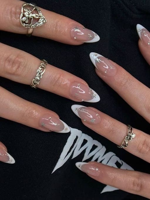 prom nails: white French tips with sparkles 