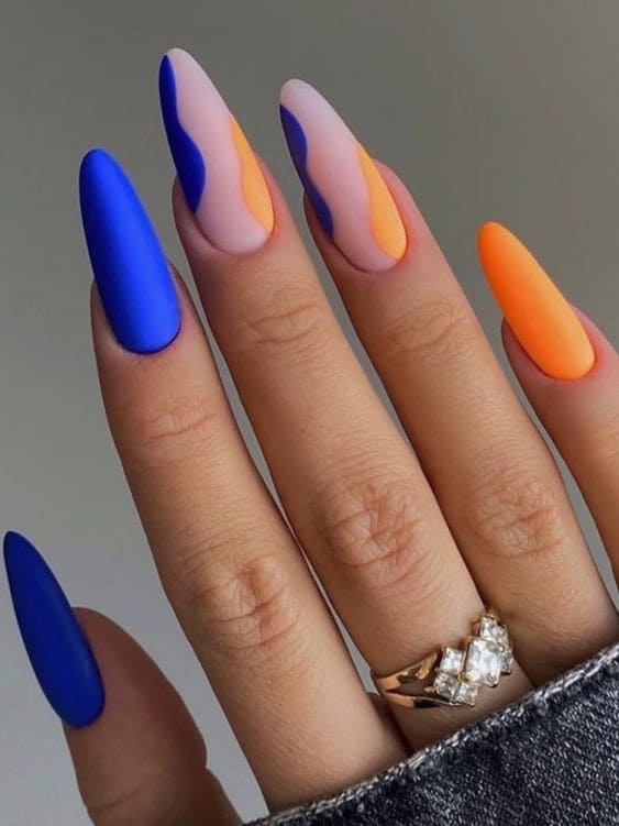 royal blue nails: orange and blue