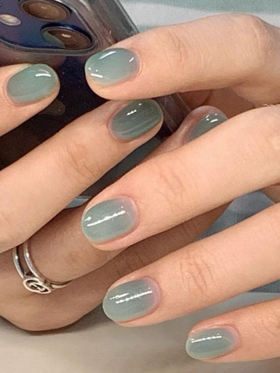 sage green nails: jelly texture