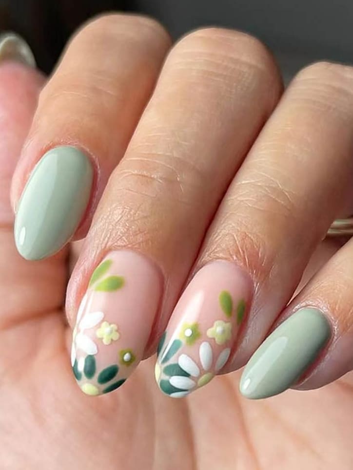 sage green nails: floral tips 