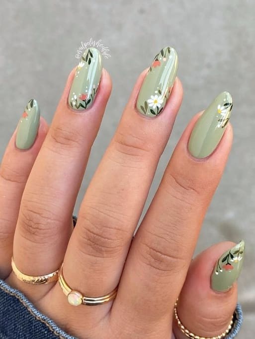 sage green nails: florals