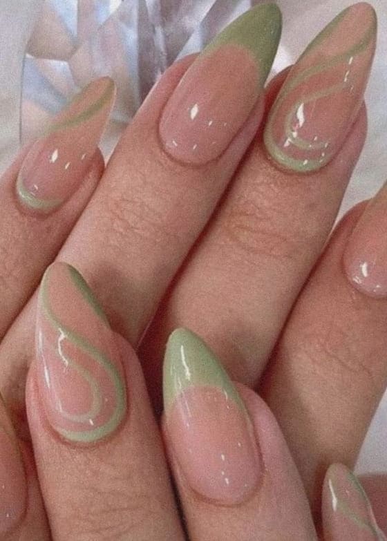 sage green nails: swirls 