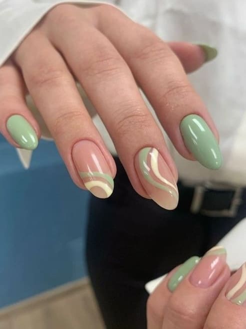 sage green nails: two tone swirls 