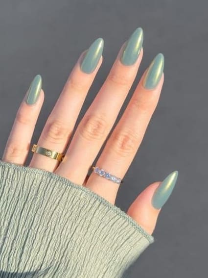 sage green nails: chrome