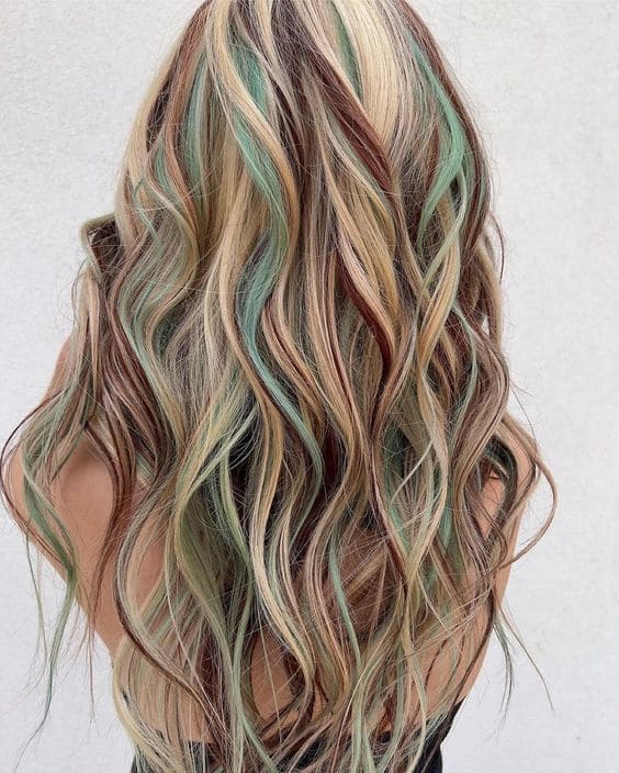 summer hair color: brown and green highlights 