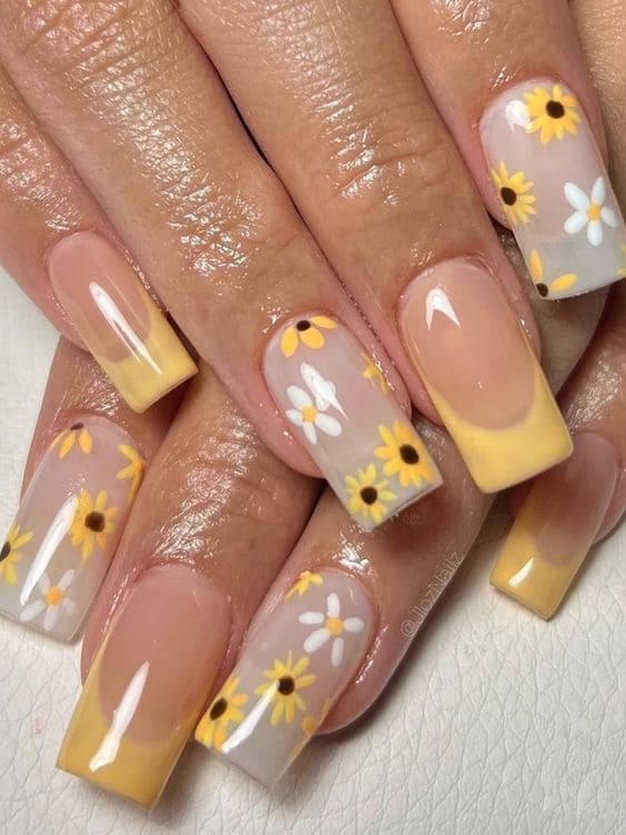 sunflower nails: pale yellow French tips
