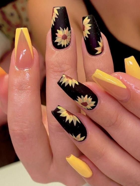 sunflower nails: black and yellow coffins 
