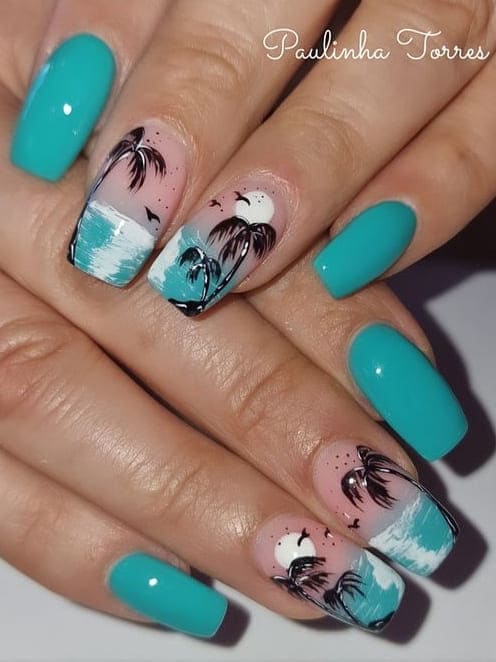 tropical nail design: turquoise palm trees