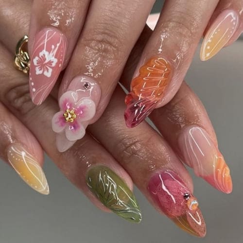 tropical nail design: 3d flower charm