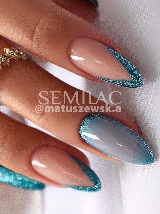 turquoise nails: glittery French tips