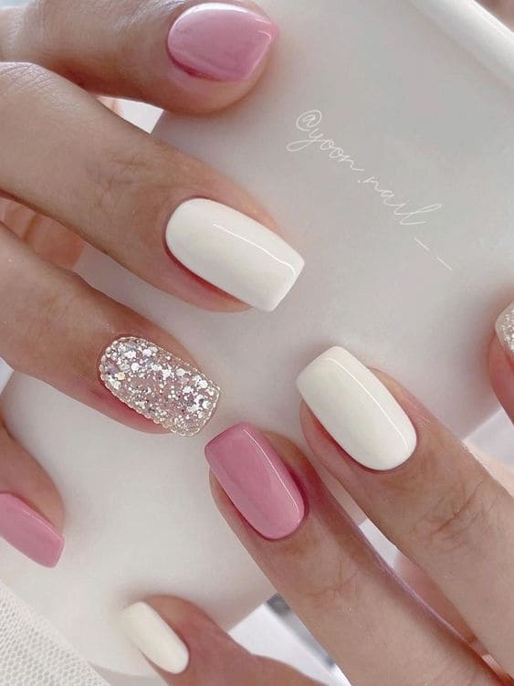 pink and white nails: gem accent 
