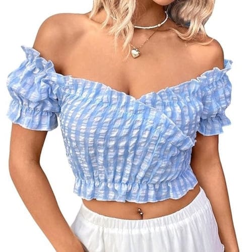 blue gingham pattern top