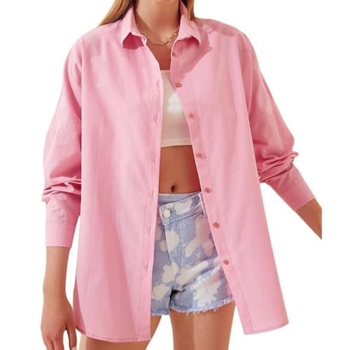 pink oversized button down shirt